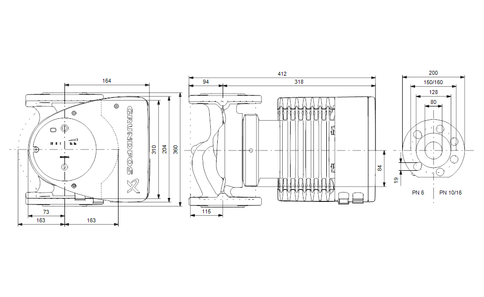 Grundfos MAGNA1 80-100 F 360 teknik ölçü çizimi