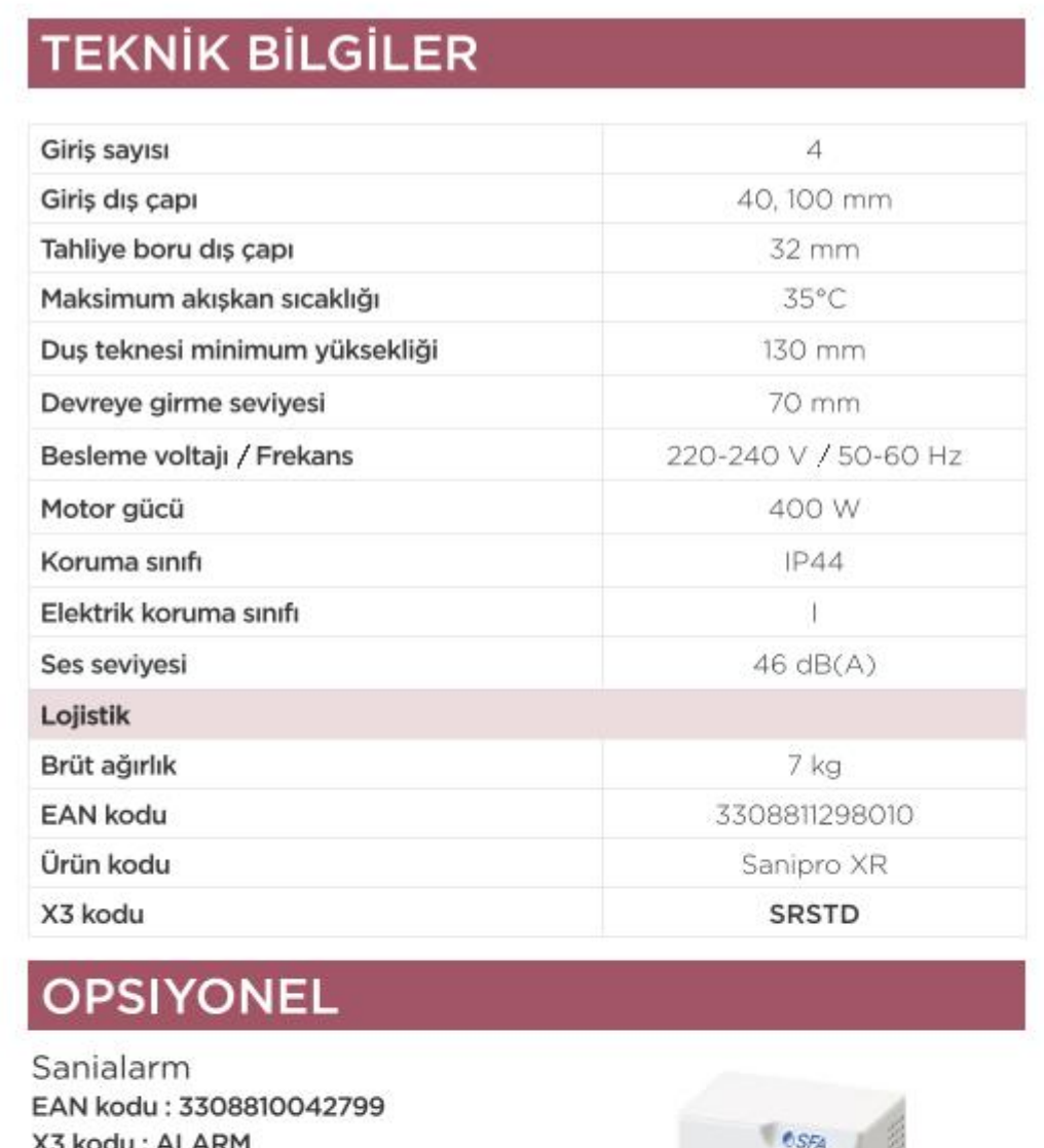 SFA SANIPRO XR üretici teknik verileri