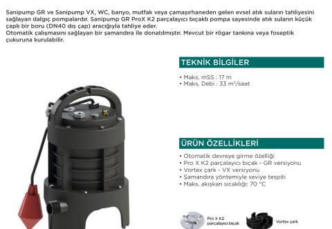 SANIPUMP VX S Vortex Dalgıç Atık Su Pompası