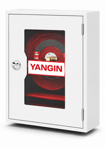 UB31 Sıva Üstü Cam Kapaklı Yangın Dolabı (Alt Tüp Gözlü) 25 Metre - 1'' Bağlantı - Beyaz - 6 kg ABC Tüp Dahil