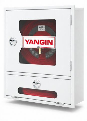 UB33 Sıva Altı Cam Kapaklı Yangın Dolabı (Alt Tüp Gözlü) 20 Metre - 2'' Bağlantı - Beyaz - 6 kg ABC Tüp Dahil