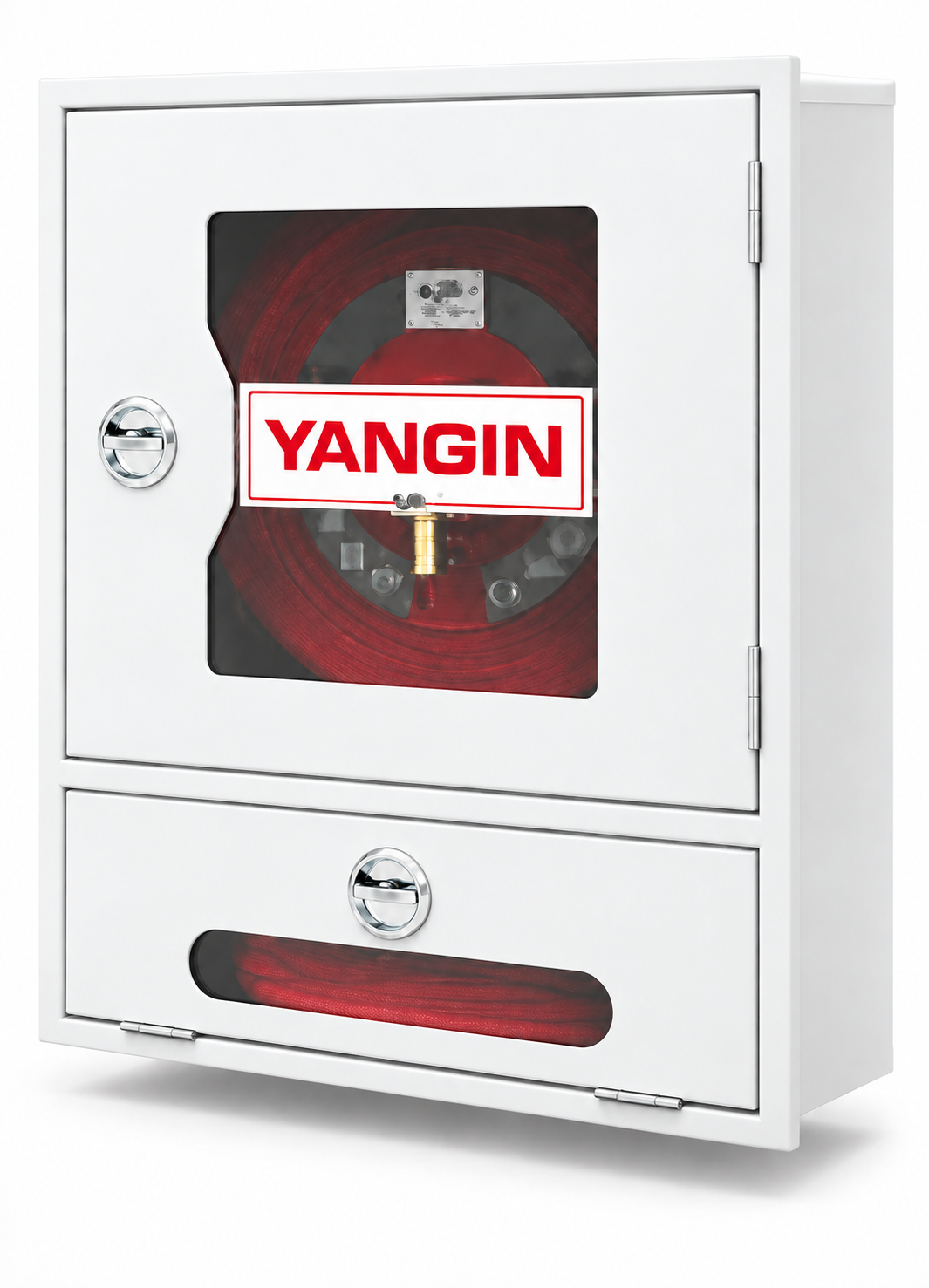 UB33 Sıva Altı Cam Kapaklı Yangın Dolabı (Alt Tüp Gözlü) 30 Metre - 1'' Bağlantı - Beyaz - 6 kg ABC Tüp Dahil